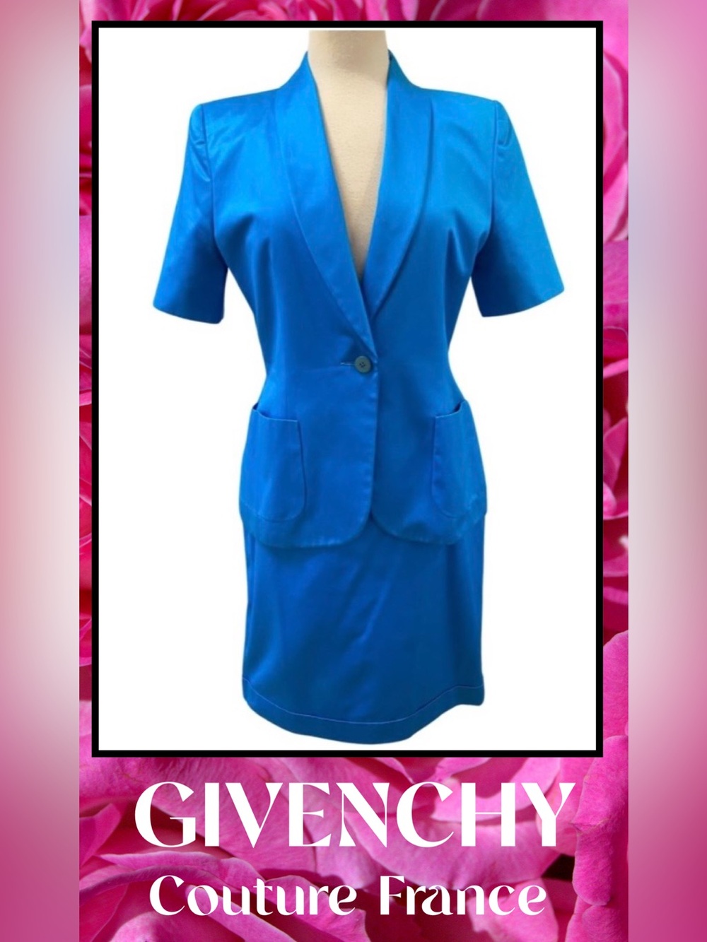 Couture GIVENCHY Paris Turquoise Cotton Sateen 2pc Jacket Skirt Suit 42/10